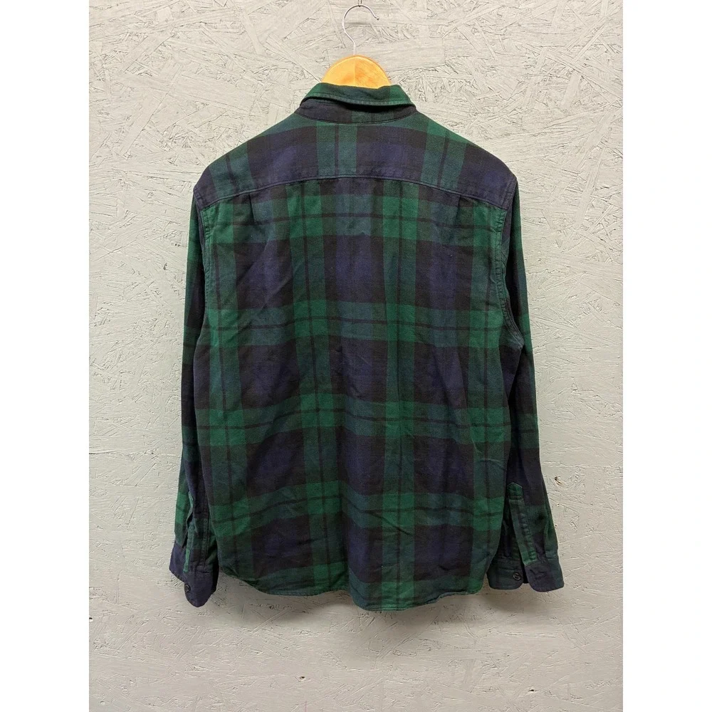 J. Crew Plaid Flannel Button Down Shirt Mens L Green Navy Blue Outdoor Preppy